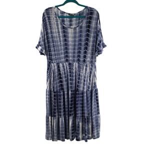 BLOOMCHIC 12 L Blue White Tie Dye Scoop Neck Short Sleeve Tiered Dress NWT b76